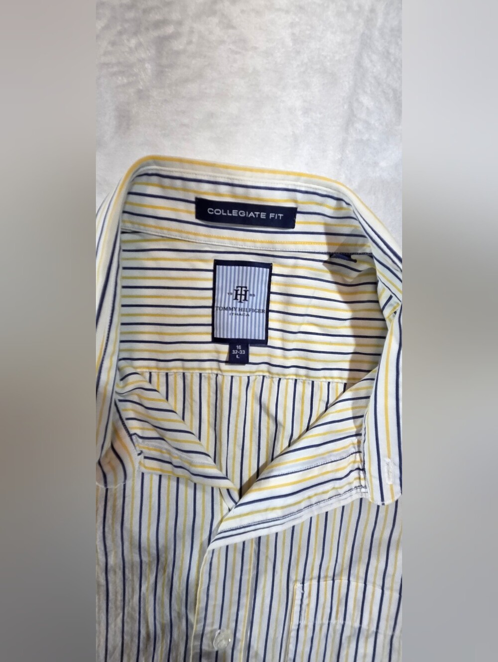 Tommy Hilfiger Men's Yellow & Navy Striped Collegiate Fit Shirt